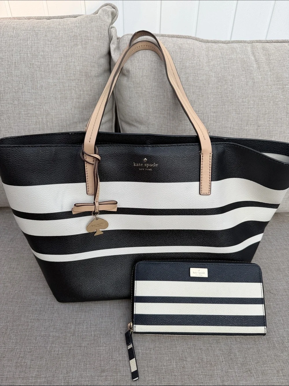 kate spade Black and White Striped Tote with Beige Handles and Matching Wallet